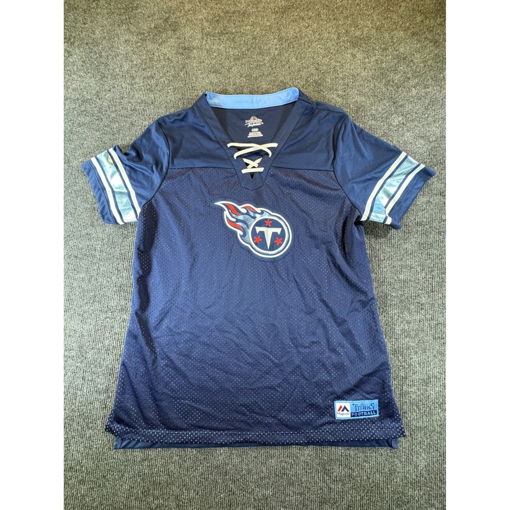 Majestic Tennessee Titans Womens Navy Blue Lace Up V-Neck Mesh Jersey Top‎ Large